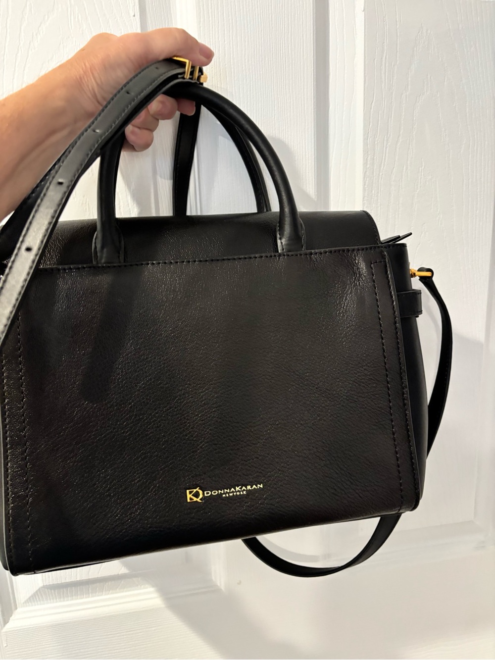 Donna Karan Black Leather Structured Satchel with Gold Hardware